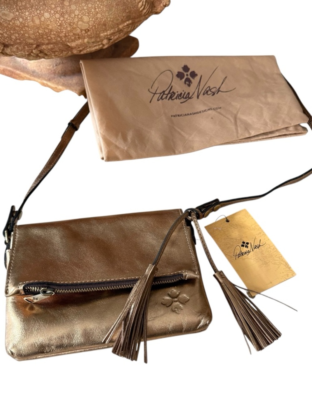Patricia Nash Metallic Bronze Leather Crossbody with Tassel New W Tags